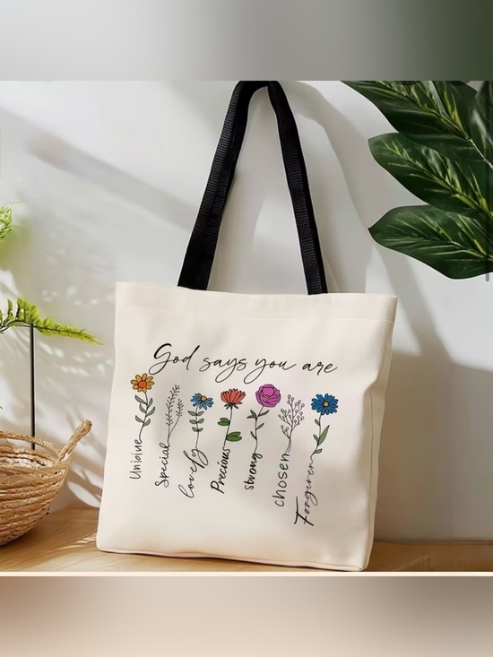 Handbags - Canvas Floral 'God Says You Are' Tote Bag in Cream